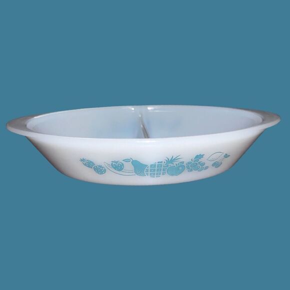 Vintage Milk Glass Fruit Pattern Glasbake Divided Casserole Dish Oval - Picture 1 of 5